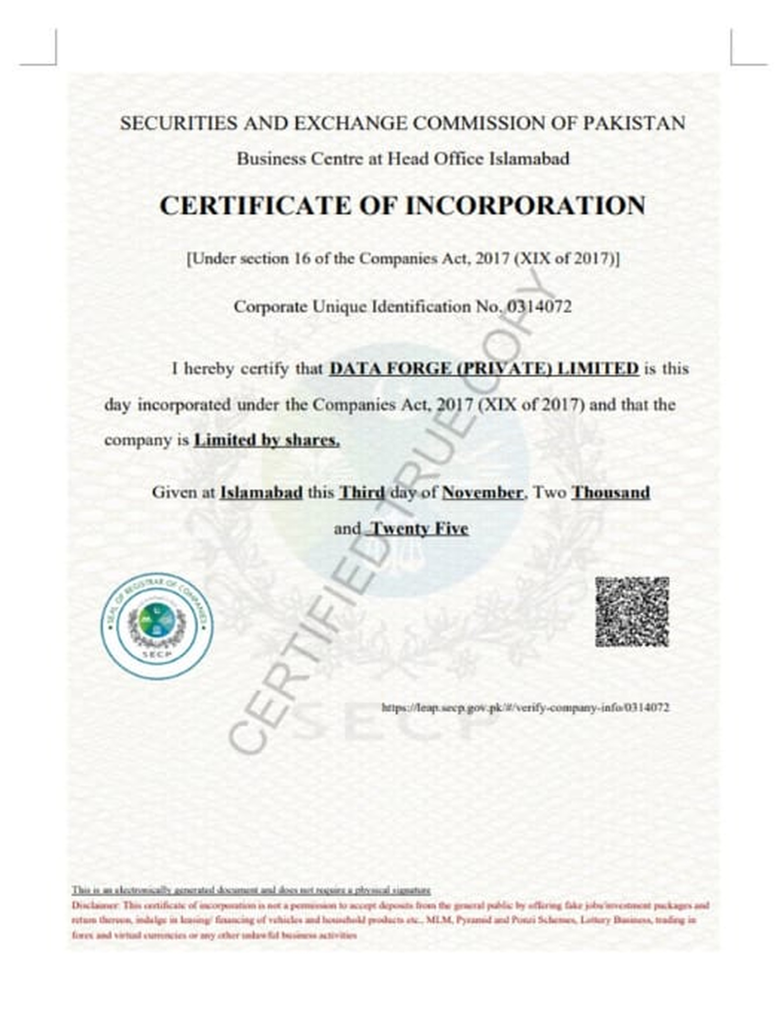 Data Forge Private Limited certificate of incorporation issued by SECP